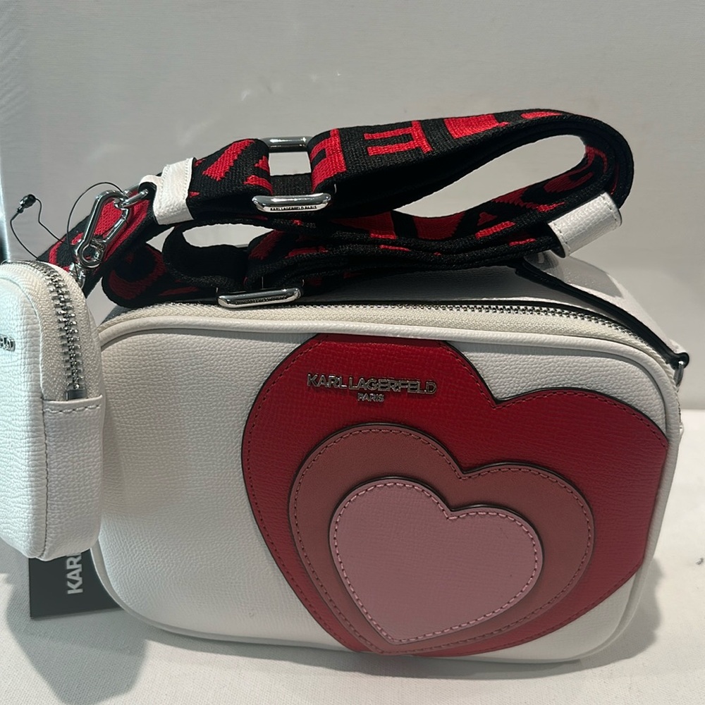 Karl Lagerfeld Paris Valentine White, Red, and Pink Double Zipper Camera Bag.